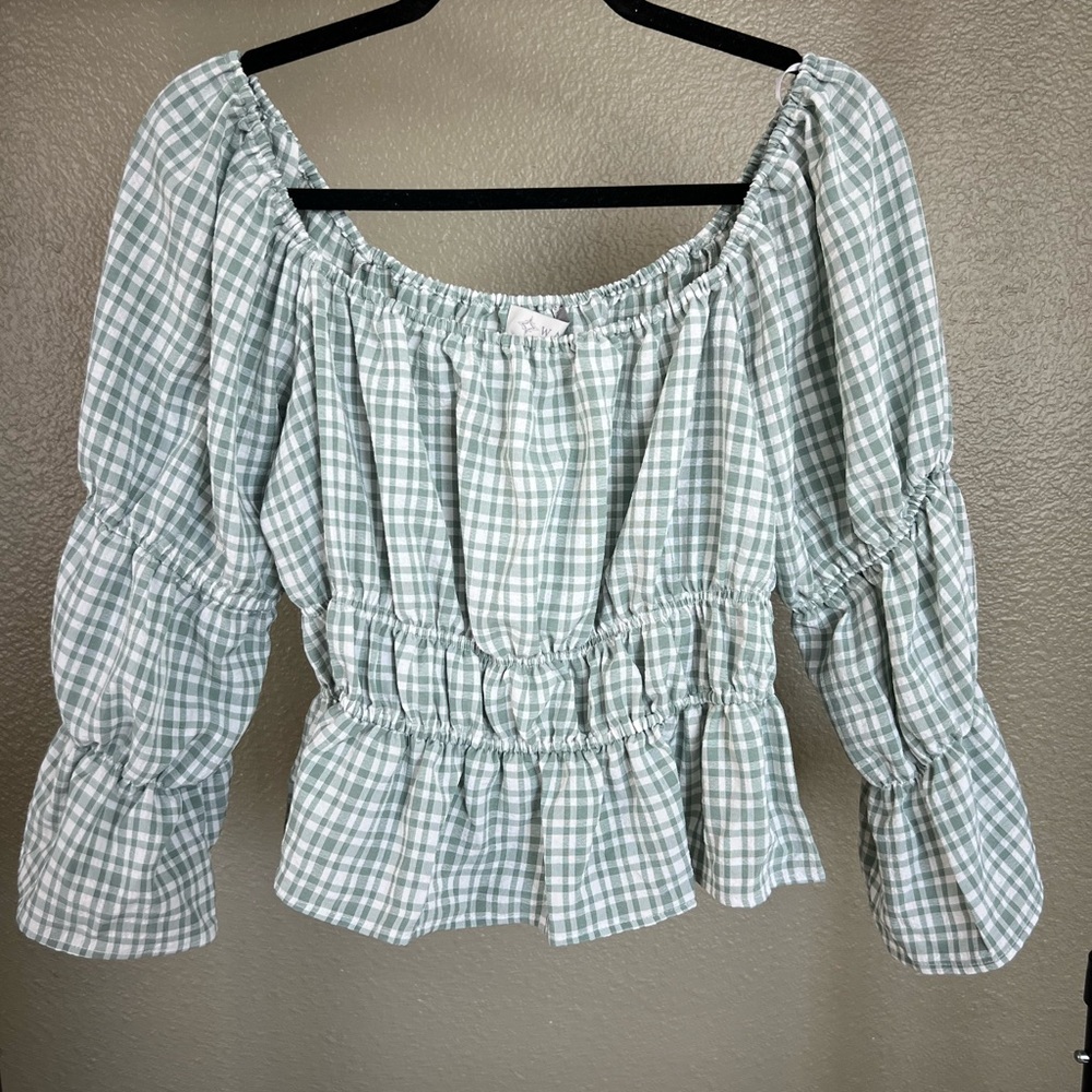 Wayf Light Green Checkered Off-Shoulder Blouse